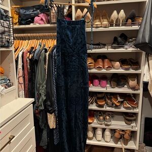 Anthropologie Midnight Blue Velvet jumpsuit